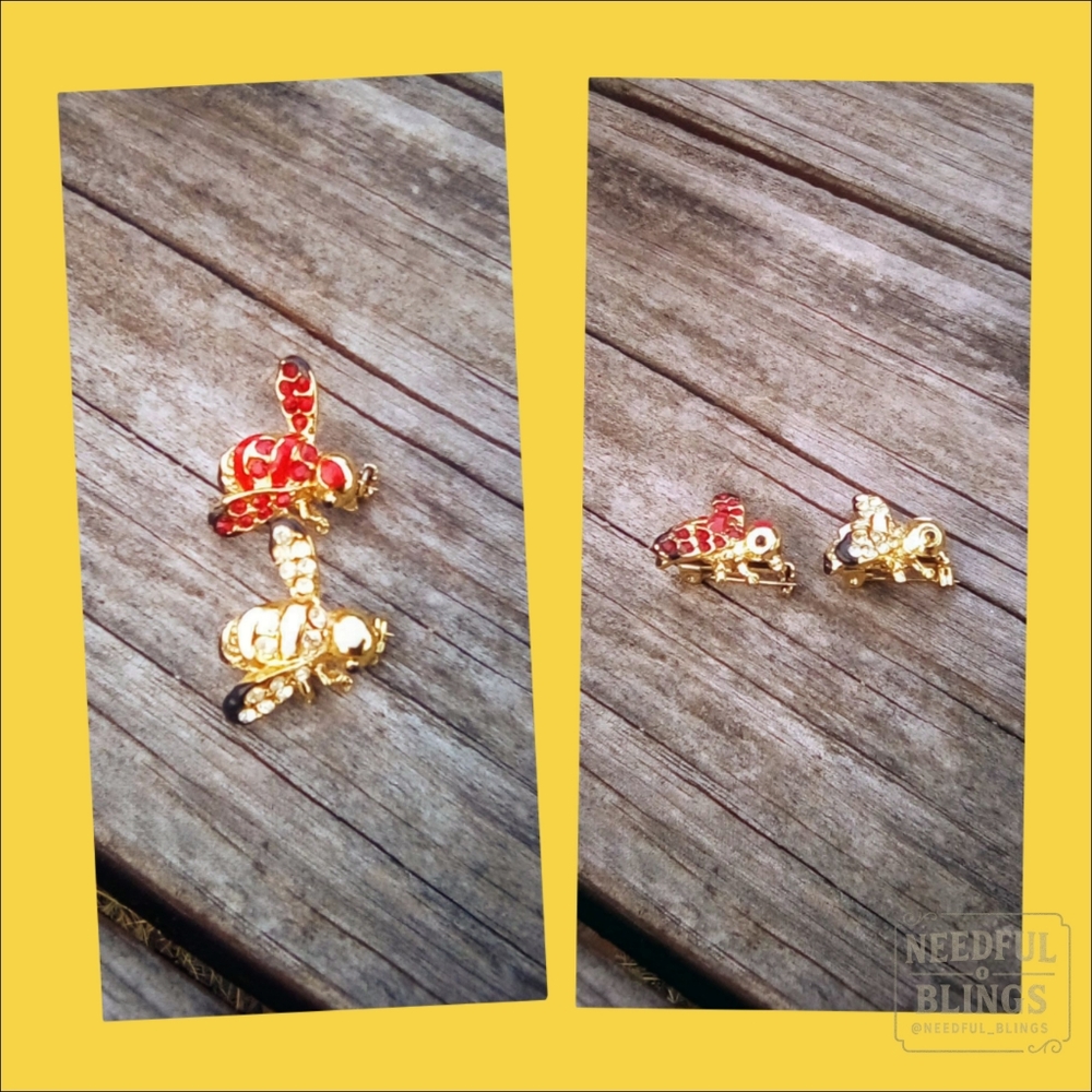 Vintage Red Enamel Bee Brooch Gold Rhinestone Insect Pin | Bundle Deal Available - Picture 7 of 7